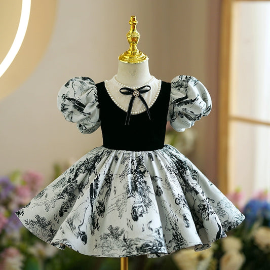 Princess Black Satin Back Zip Baptism Beaded Tea Length Short Sleeve Puff Sleeve Jewel Neck Flower Girl Dress
