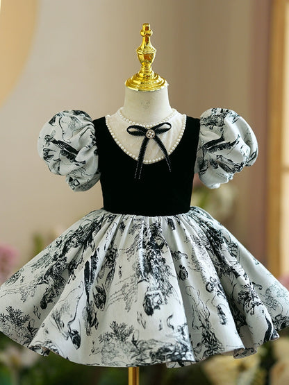 Princess Black Satin Back Zip Baptism Beaded Tea Length Short Sleeve Puff Sleeve Jewel Neck Flower Girl Dress
