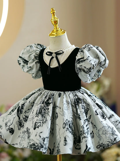 Princess Black Satin Back Zip Baptism Beaded Tea Length Short Sleeve Puff Sleeve Jewel Neck Flower Girl Dress