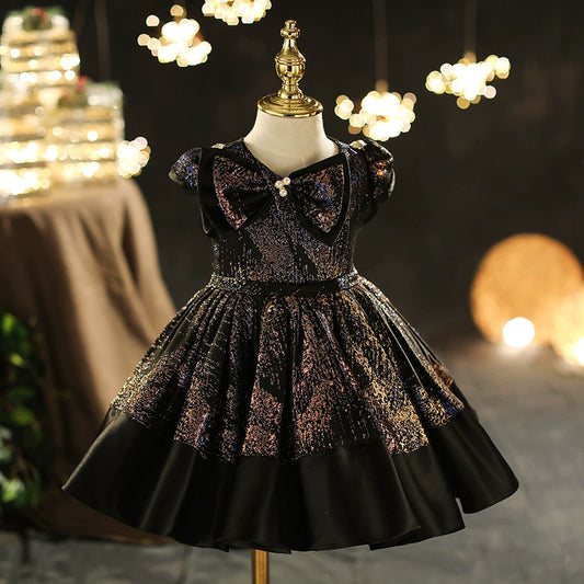 Princess Black Satin Back Zip Baptism Bow(s) Short Sleeve Cap Sleeve Scoop Flower Girl Dress
