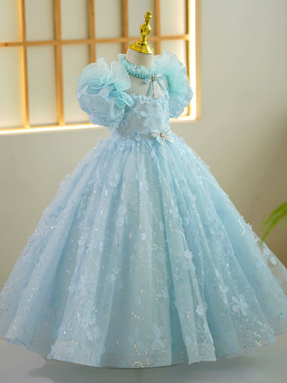 Princess Blue Lace Back Zip Baptism Lace Floor Length Short Sleeve Puff Sleeve Mock Neck Flower Girl Dress
