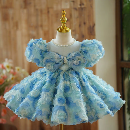 Princess Blue Lace Back Zip Baptism Lace Tea Length Short Sleeve Puff Sleeve Jewel Neck Flower Girl Dress