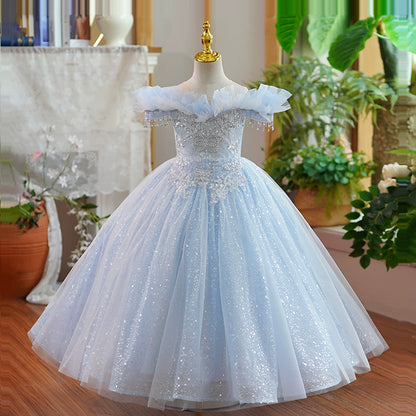 Princess Blue Organza Crossed Straps Baptism Lace Floor Length Short Sleeve Cap Sleeve Round Flower Girl Dress