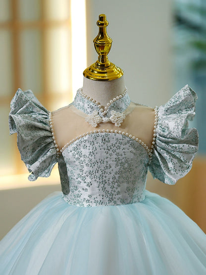 Princess Blue Satin Back Zip Baptism Beaded Tea Length Short Sleeve Cap Sleeve Jewel Neck Flower Girl Dress