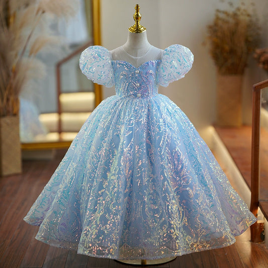 Princess Blue Sequined Back Zip Baptism Sequins Floor Length Short Sleeve Puff Sleeve Round Flower Girl Dress