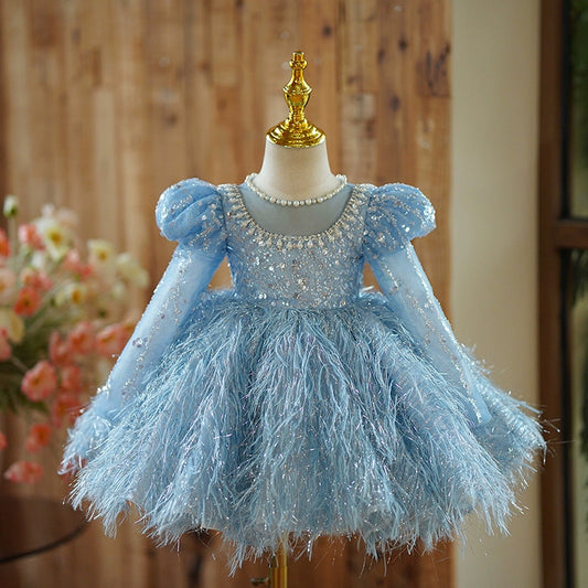 Princess Blue Tulle Back Zip Baptism Beaded Tea Length Long Sleeve Puff Sleeve Jewel Neck Flower Girl Dress