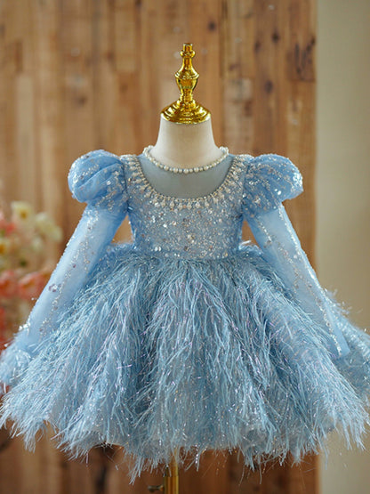 Princess Blue Tulle Back Zip Baptism Beaded Tea Length Long Sleeve Puff Sleeve Jewel Neck Flower Girl Dress