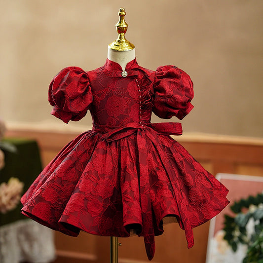 Princess Burgundy Satin Back Zip Baptism Bowknot Tea Length Short Sleeve Lantern Sleeve Mock Neck Flower Girl Dress