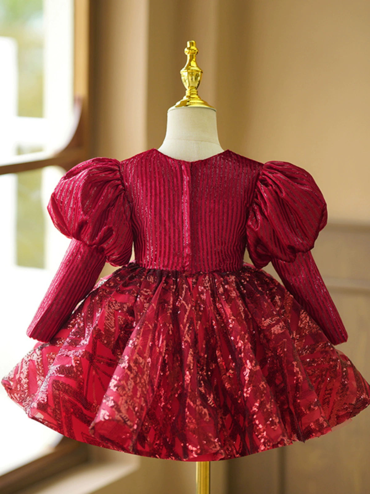 Princess Burgundy Sequined Back Zip Baptism Bow(s) Tea Length Long Sleeve Puff Sleeve Round Flower Girl Dress