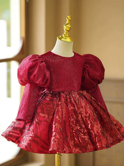 Princess Burgundy Sequined Back Zip Baptism Bow(s) Tea Length Long Sleeve Puff Sleeve Round Flower Girl Dress