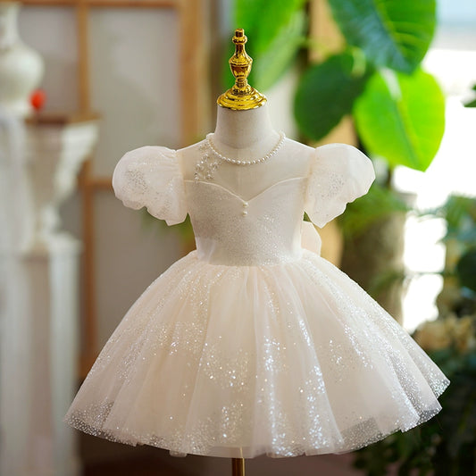 Princess Champagne Organza Back Zip Baptism Beaded Tea Length Short Sleeve Puff Sleeve Jewel Neck Flower Girl Dress