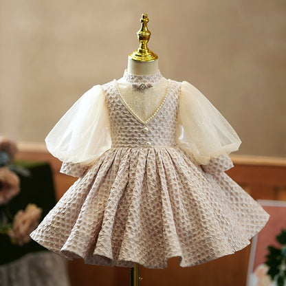 Princess Champagne Satin Back Zip Baptism Beaded Tea Length Long Sleeve Puff Sleeve Mock Neck Flower Girl Dress