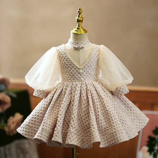 Princess Champagne Satin Back Zip Baptism Beaded Tea Length Long Sleeve Puff Sleeve Mock Neck Flower Girl Dress