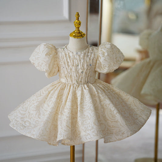 Princess Champagne Satin Back Zip Baptism Sequins Tea Length Short Sleeve Puff Sleeve Round Flower Girl Dress