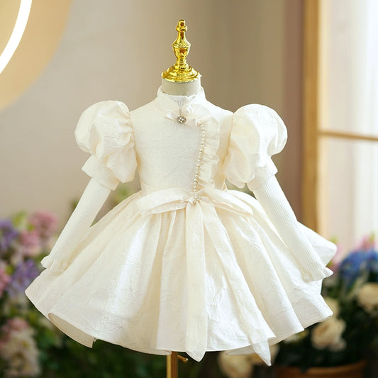 Princess Champagne Satin Baptism Beaded Tea Length Short Sleeve Puff Sleeve Mock Neck Flower Girl Dress