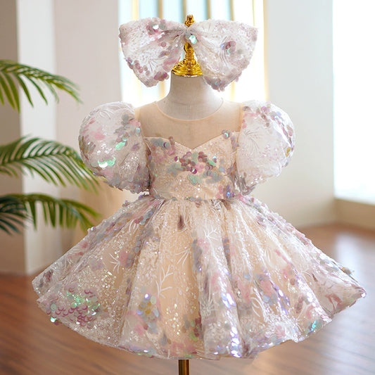 Princess Champagne Sequined Back Zip Baptism Lace Tea Length Short Sleeve Lantern Sleeve Round Flower Girl Dress