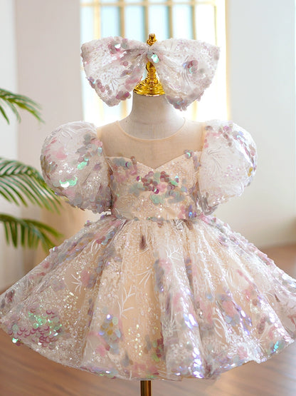 Princess Champagne Sequined Back Zip Baptism Lace Tea Length Short Sleeve Lantern Sleeve Round Flower Girl Dress