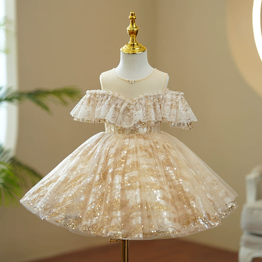 Princess Champagne Sequined Back Zip Baptism Sequins Tea Length Sleeveless Cold Shoulder Sleeve Round Flower Girl Dress