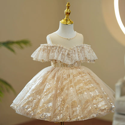 Princess Champagne Sequined Back Zip Baptism Sequins Tea Length Sleeveless Cold Shoulder Sleeve Round Flower Girl Dress