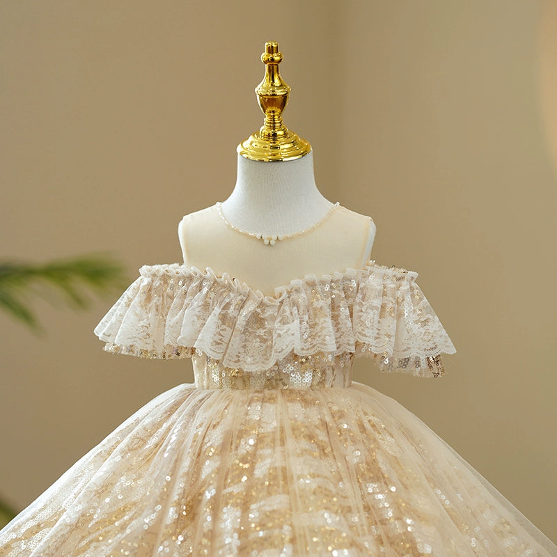 Princess Champagne Sequined Back Zip Baptism Sequins Tea Length Sleeveless Cold Shoulder Sleeve Round Flower Girl Dress