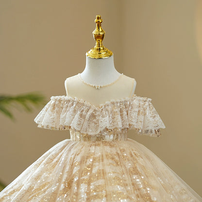 Princess Champagne Sequined Back Zip Baptism Sequins Tea Length Sleeveless Cold Shoulder Sleeve Round Flower Girl Dress