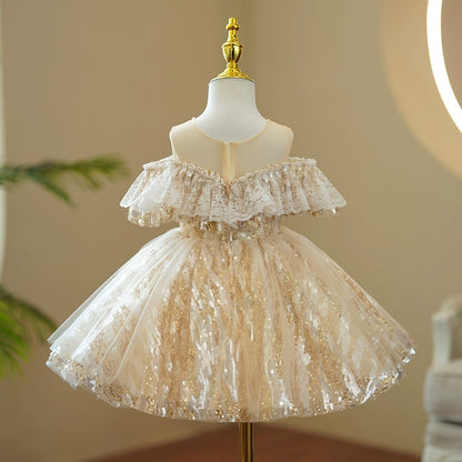 Princess Champagne Sequined Back Zip Baptism Sequins Tea Length Sleeveless Cold Shoulder Sleeve Round Flower Girl Dress