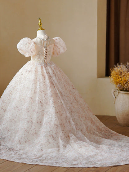 Princess Champagne Sequined Crossed Straps Baptism Beaded Floor Length Short Sleeve Puff Sleeve Mock Neck Flower Girl Dress