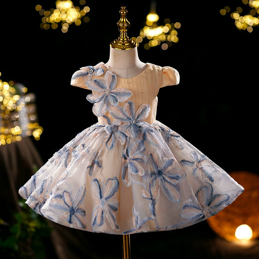 Princess Champagne Tulle Back Zip Baptism Flower(s) Tea Length Short Sleeve Cap Sleeve Round Flower Girl Dress