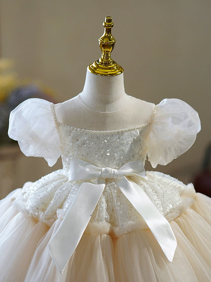 Princess Champagne Tulle Back Zip Baptism Sequin Tea Length Short Sleeve Puff Sleeve Round Flower Girl Dress