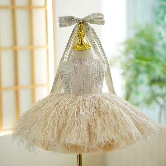 Princess Champagne Tulle Back Zip Baptism Sequin Tea Length Sleeveless Mock Neck Flower Girl Dress