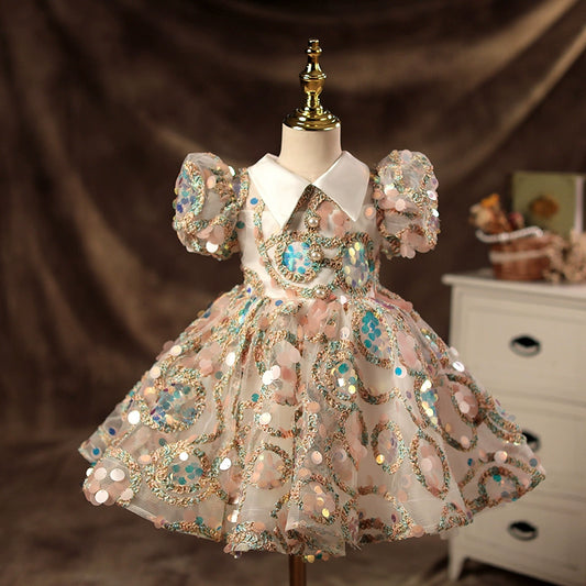 Princess Colorful Lace Back Zip Baptism Sequin Tea Length Short Sleeve Puff Sleeve Collared Neck Flower Girl Dress