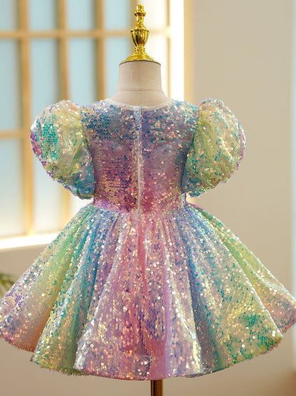 Princess Colorful Sequined Back Zip Baptism Sequin Tea Length Short Sleeve Puff Sleeve Round Flower Girl Dress