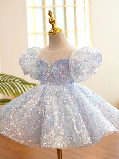 Princess Dusty Blue Sequined Back Zip Baptism Sequin Tea Length Short Sleeve Lantern Sleeve Round Flower Girl Dress