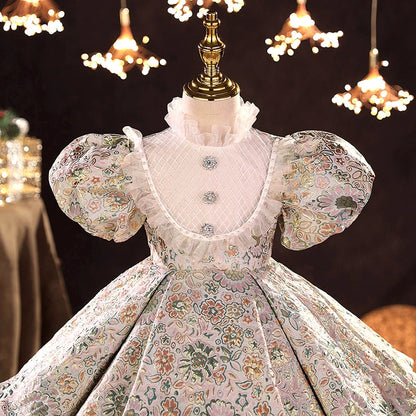 Princess Floral Satin Back Zip Baptism Tea Length Short Sleeve Puff Sleeve Mock Neck Flower Girl Dress