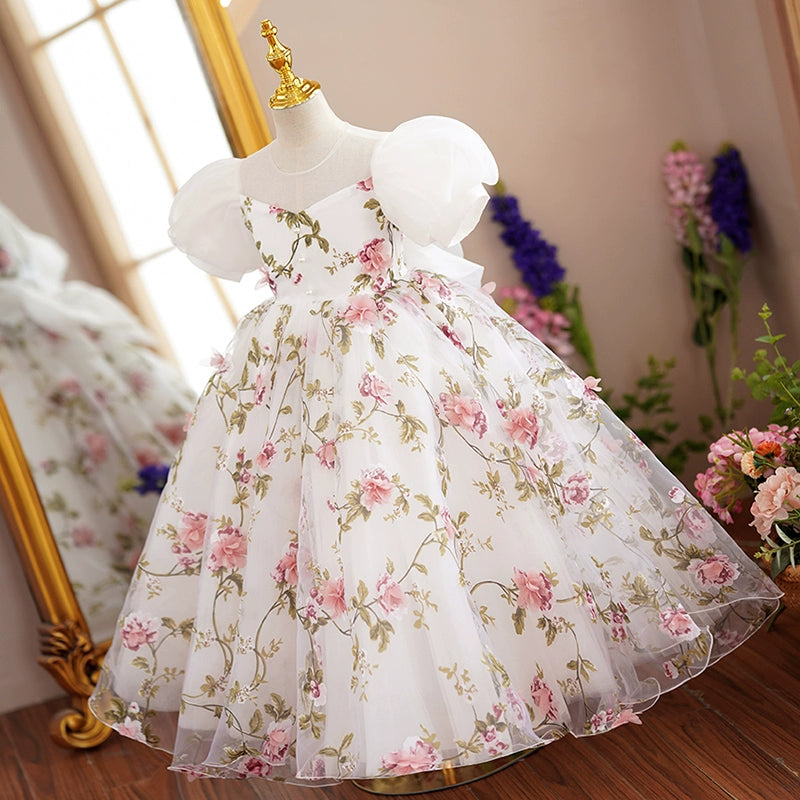 Princess Floral Tulle Back Zip Baptism Bow(s) Floor Length Short Sleeve Puff Sleeve V-Neck Flower Girl Dress