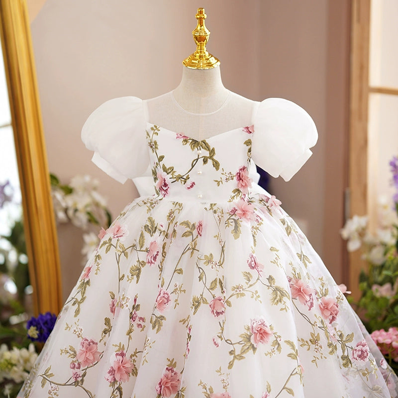 Princess Floral Tulle Back Zip Baptism Bow(s) Floor Length Short Sleeve Puff Sleeve V-Neck Flower Girl Dress