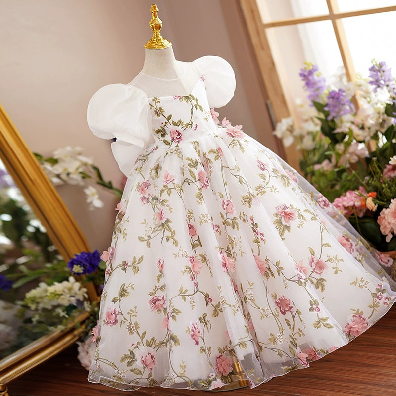 Princess Floral Tulle Back Zip Baptism Bow(s) Floor Length Short Sleeve Puff Sleeve V-Neck Flower Girl Dress