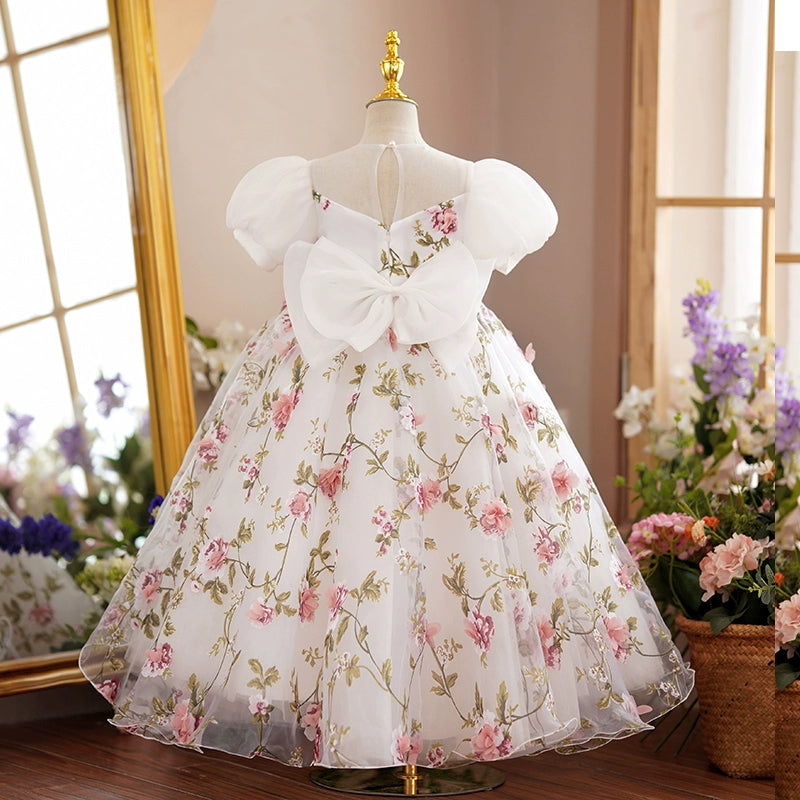 Princess Floral Tulle Back Zip Baptism Bow(s) Floor Length Short Sleeve Puff Sleeve V-Neck Flower Girl Dress
