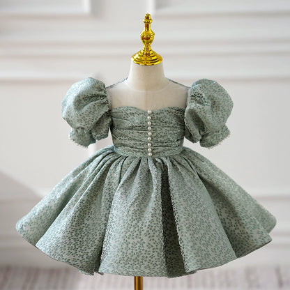Princess Green Satin Back Zip Baptism Pleated Tea Length Short Sleeve Puff Sleeve Sweetheart Flower Girl Dress