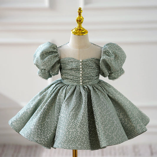 Princess Green Satin Back Zip Baptism Pleated Tea Length Short Sleeve Puff Sleeve Sweetheart Flower Girl Dress