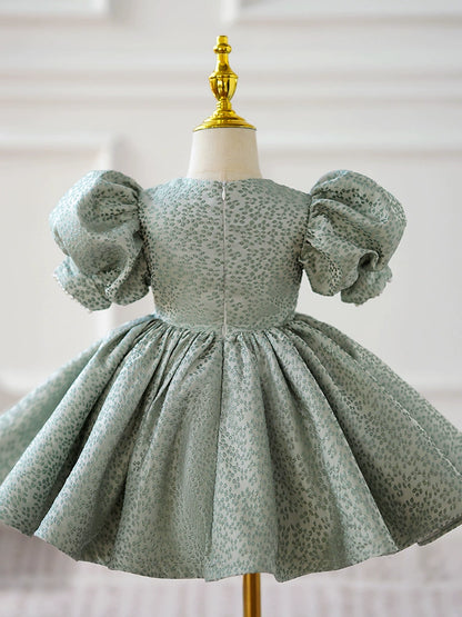 Princess Green Satin Back Zip Baptism Pleated Tea Length Short Sleeve Puff Sleeve Sweetheart Flower Girl Dress