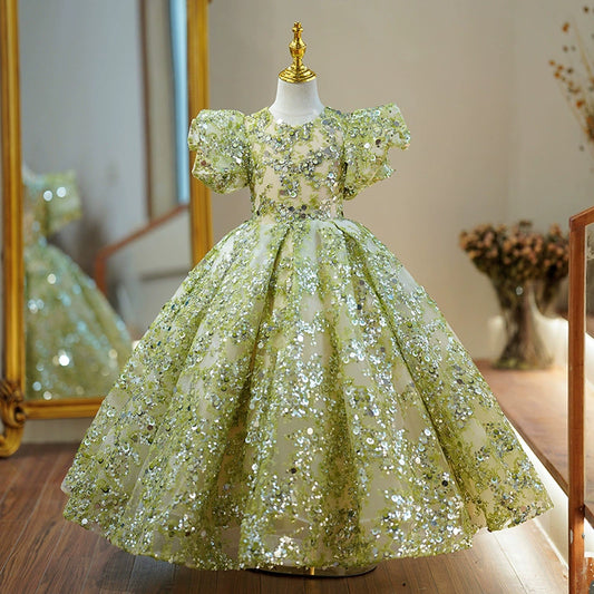 Princess Green Sequined Back Zip Baptism Sequin Floor Length Short Sleeve Puff Sleeve Round Flower Girl Dress