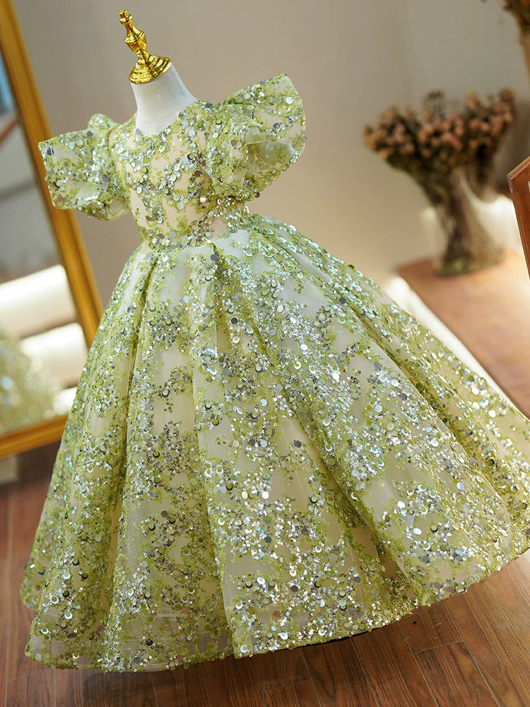 Princess Green Sequined Back Zip Baptism Sequin Floor Length Short Sleeve Puff Sleeve Round Flower Girl Dress