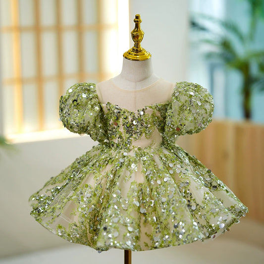 Princess Green Sequined Back Zip Baptism Sequins Tea Length Short Sleeve Puff Sleeve Sweetheart Flower Girl Dress