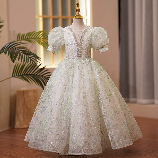 Princess Green Sequined Crossed Straps Baptism Beaded Floor Length Short Sleeve Puff Sleeve V-Neck Flower Girl Dress