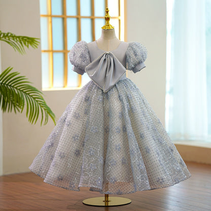 Princess Grey Sequined Back Zip Baptism Floor Length Short Sleeve Puff Sleeve V-Neck Flower Girl Dress