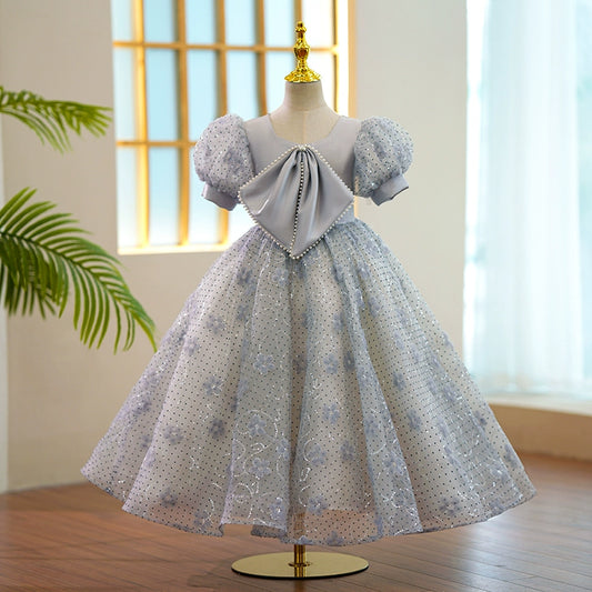 Princess Grey Sequined Back Zip Baptism Floor Length Short Sleeve Puff Sleeve V-Neck Flower Girl Dress