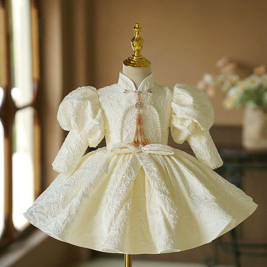 Princess Ivory Satin Back Zip Baptism Beaded Tea Length Long Sleeve Puff Sleeve Mock Neck Flower Girl Dress