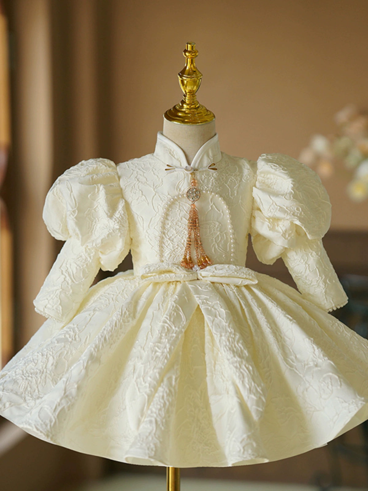 Princess Ivory Satin Back Zip Baptism Beaded Tea Length Long Sleeve Puff Sleeve Mock Neck Flower Girl Dress