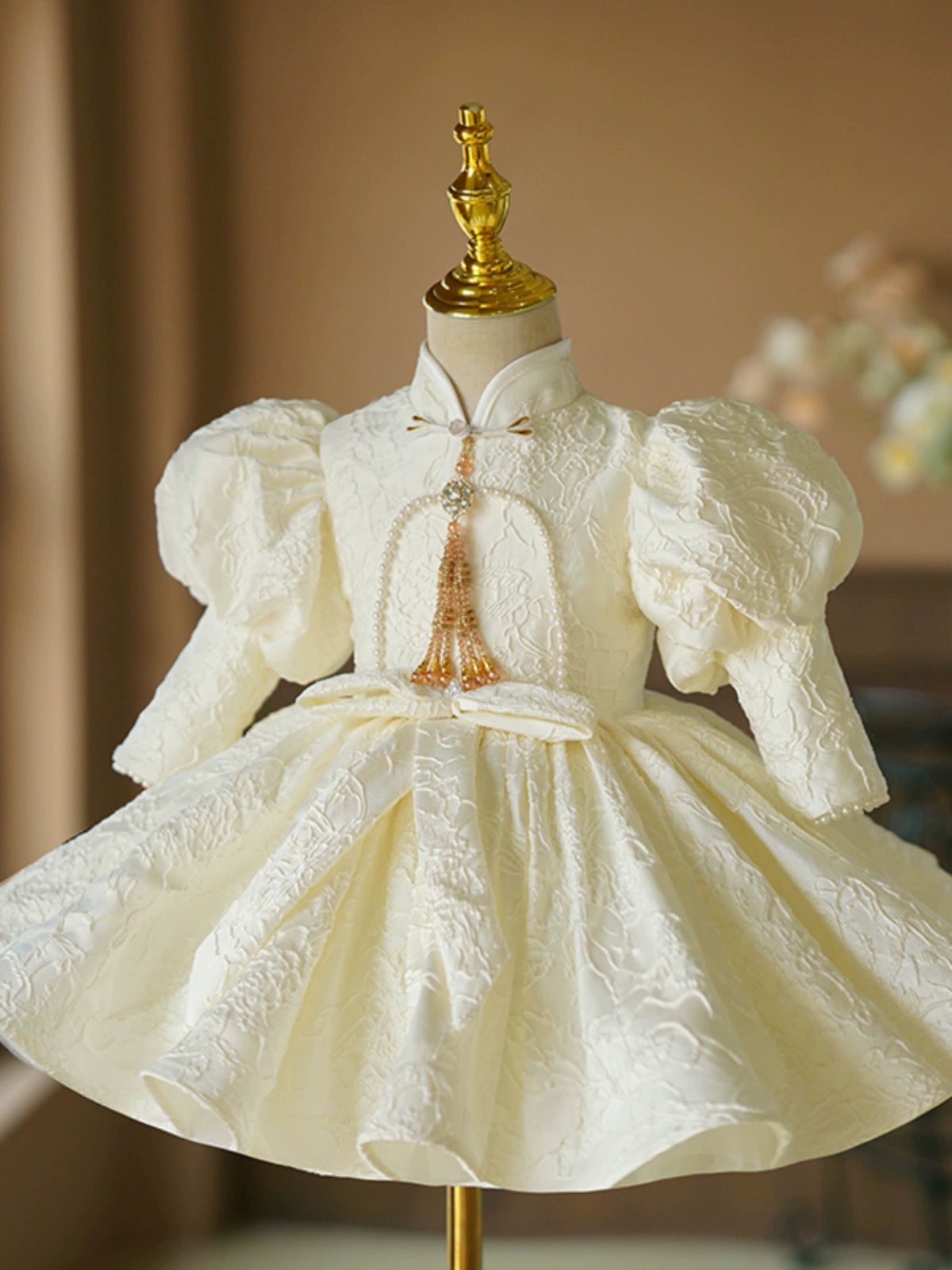 Princess Ivory Satin Back Zip Baptism Beaded Tea Length Long Sleeve Puff Sleeve Mock Neck Flower Girl Dress